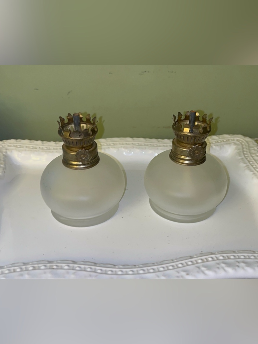 Frosted Glass Hurricane Lamp Pair with Brass Crowns never used Set of 2